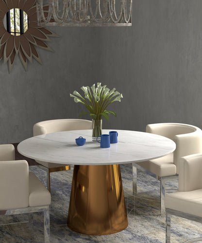 54" Gray White and Gold Marble and Metal Pedestal Base Round Top Dining Table