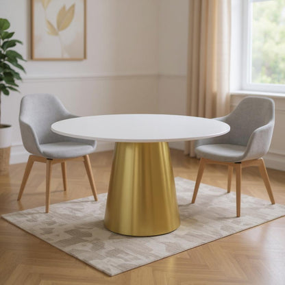54" Gray White and Gold Marble and Metal Pedestal Base Round Top Dining Table