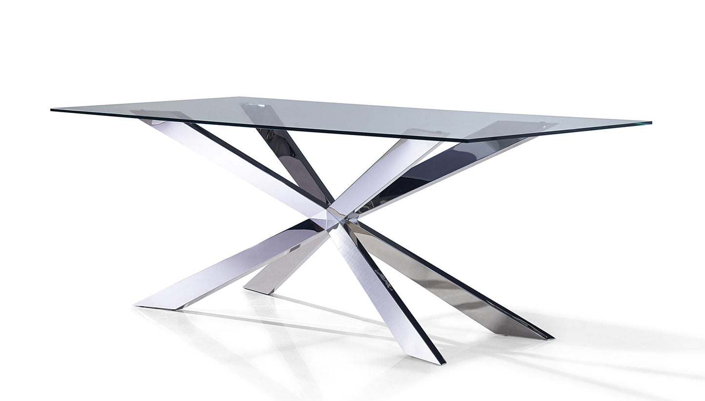 87" Clear and Silver Glass and Metal Cross Leg Base Dining Table