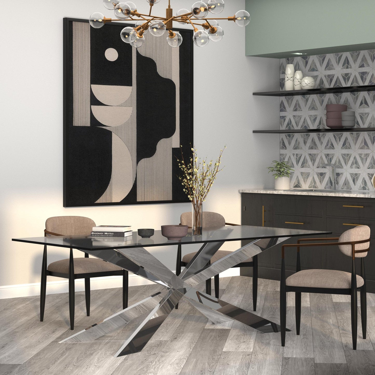 87" Clear and Silver Glass and Metal Cross Leg Base Dining Table