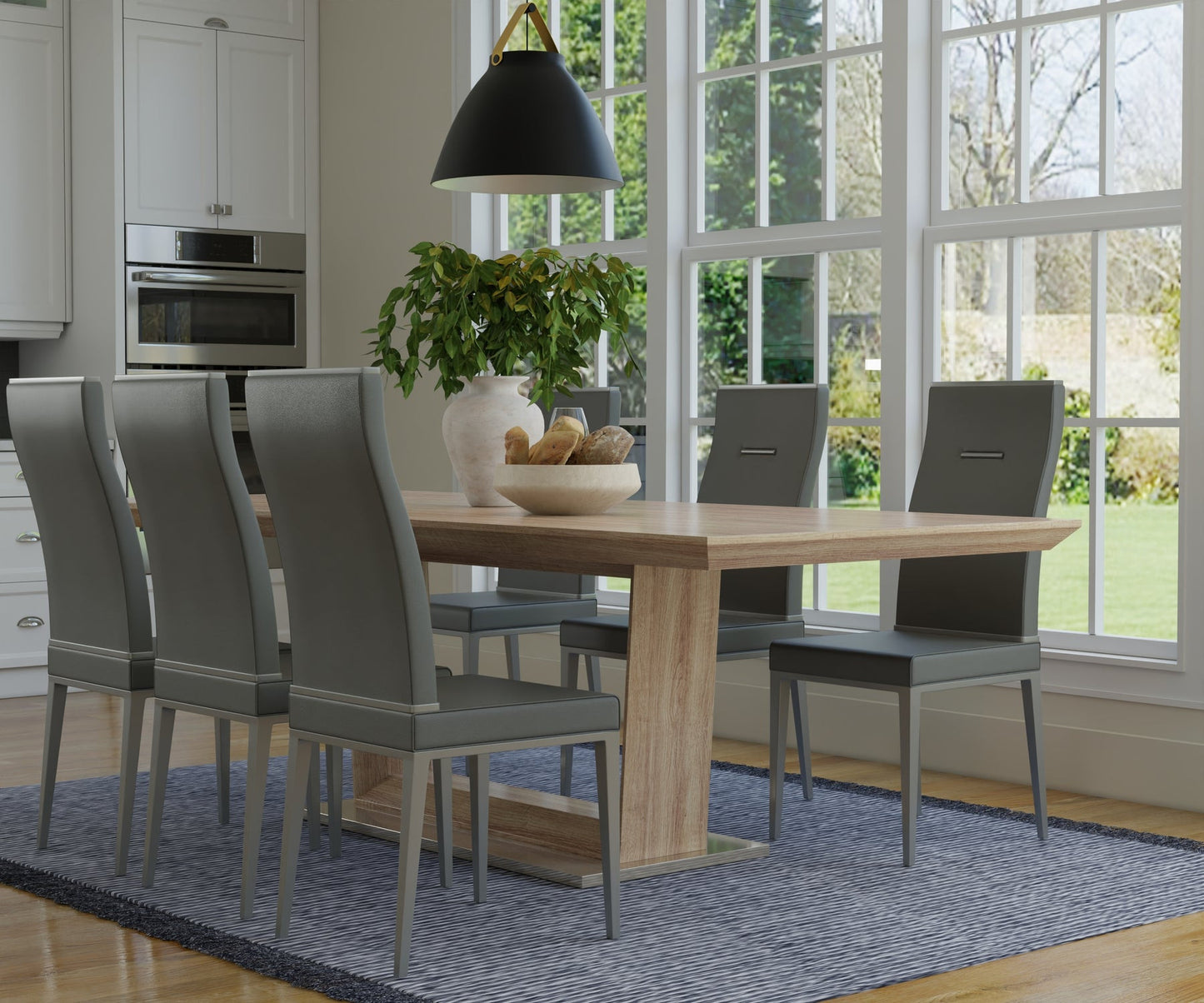 71" Gray Wood and Metal Self-Storing Leaf Pedestal Base Extendable Dining Table