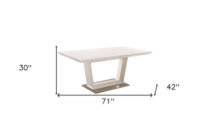 71" White Wood and Metal Self-Storing Leaf Pedestal Base Extendable Dining Table