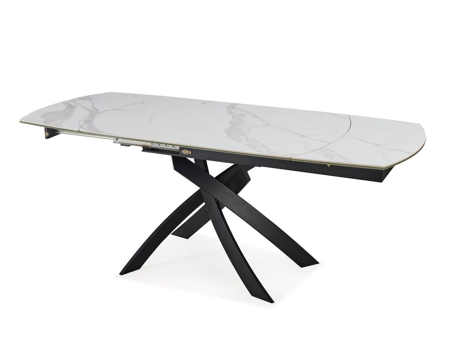 47" Gray White and Black Ceramic and Metal Self-Storing Leaf Cross Leg Base Oval Extendable Dining Table