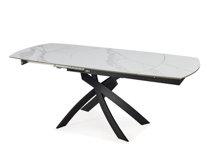 47" Gray White and Black Ceramic and Metal Self-Storing Leaf Cross Leg Base Oval Extendable Dining Table
