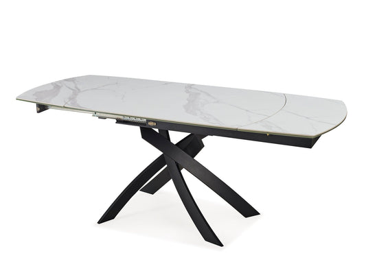 47" Gray White and Black Ceramic and Metal Self-Storing Leaf Cross Leg Base Oval Extendable Dining Table