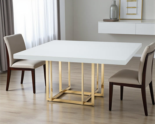 59" White and Gold Wood and Metal Pedestal Base Square Dining Table