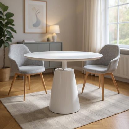36" White Wood and Metal Pedestal Base Round Top Dining Table