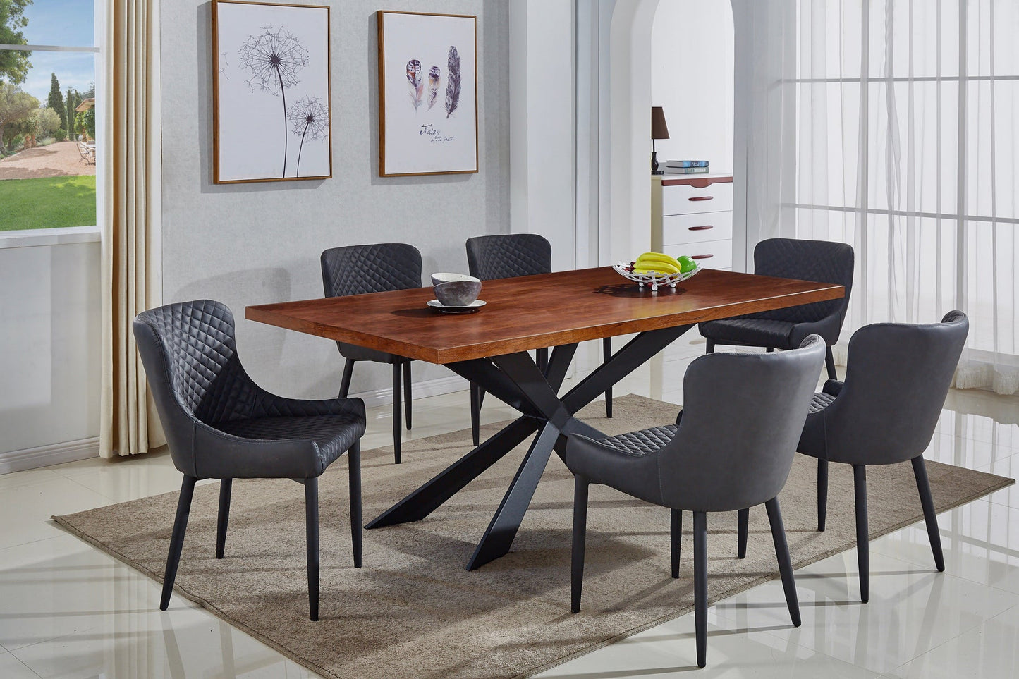 81" Brown and Black Wood and Metal Cross Leg Base Dining Table