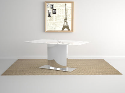 72" Gray White and Silver Marble and Stainless Steel Pedestal Base Dining Table