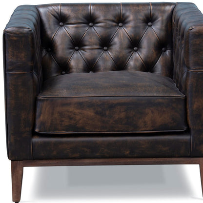 33" Brown and Black Antiqued Top Grain Leather Tufted Club Chair