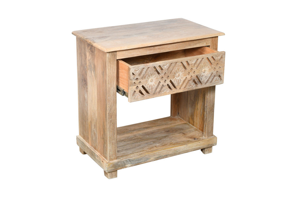 28" Natural Solid Wood Carved Geometric One Drawer Nightstand