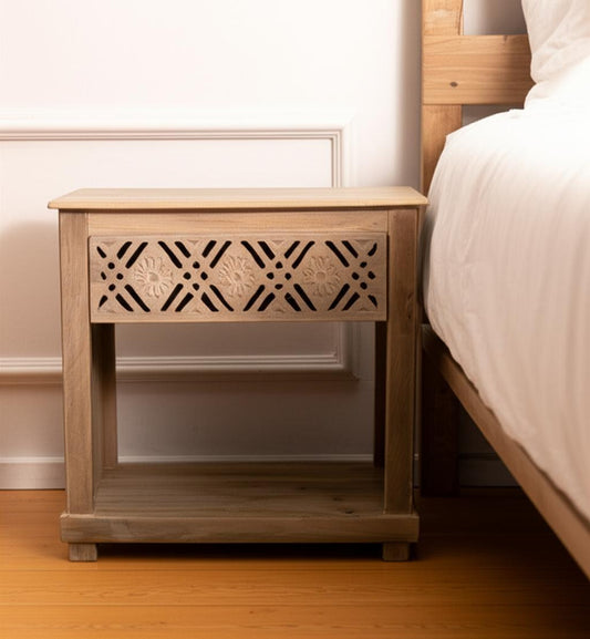 28" Natural Solid Wood Carved Geometric One Drawer Nightstand