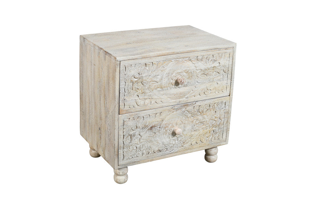 24" Natural And White Solid Wood Distressed Carved Scrollwork Two Drawer Nightstand
