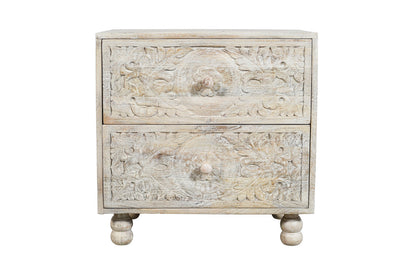 24" Natural And White Solid Wood Distressed Carved Scrollwork Two Drawer Nightstand