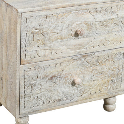 24" Natural And White Solid Wood Distressed Carved Scrollwork Two Drawer Nightstand