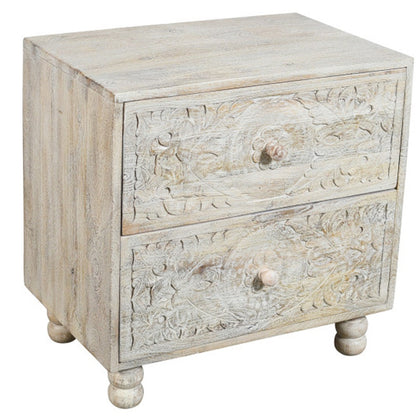24" Natural And White Solid Wood Distressed Carved Scrollwork Two Drawer Nightstand