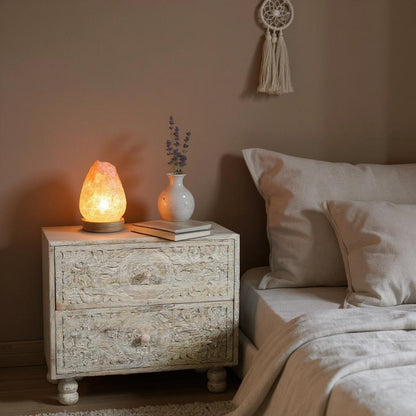 24" Natural And White Solid Wood Distressed Carved Scrollwork Two Drawer Nightstand