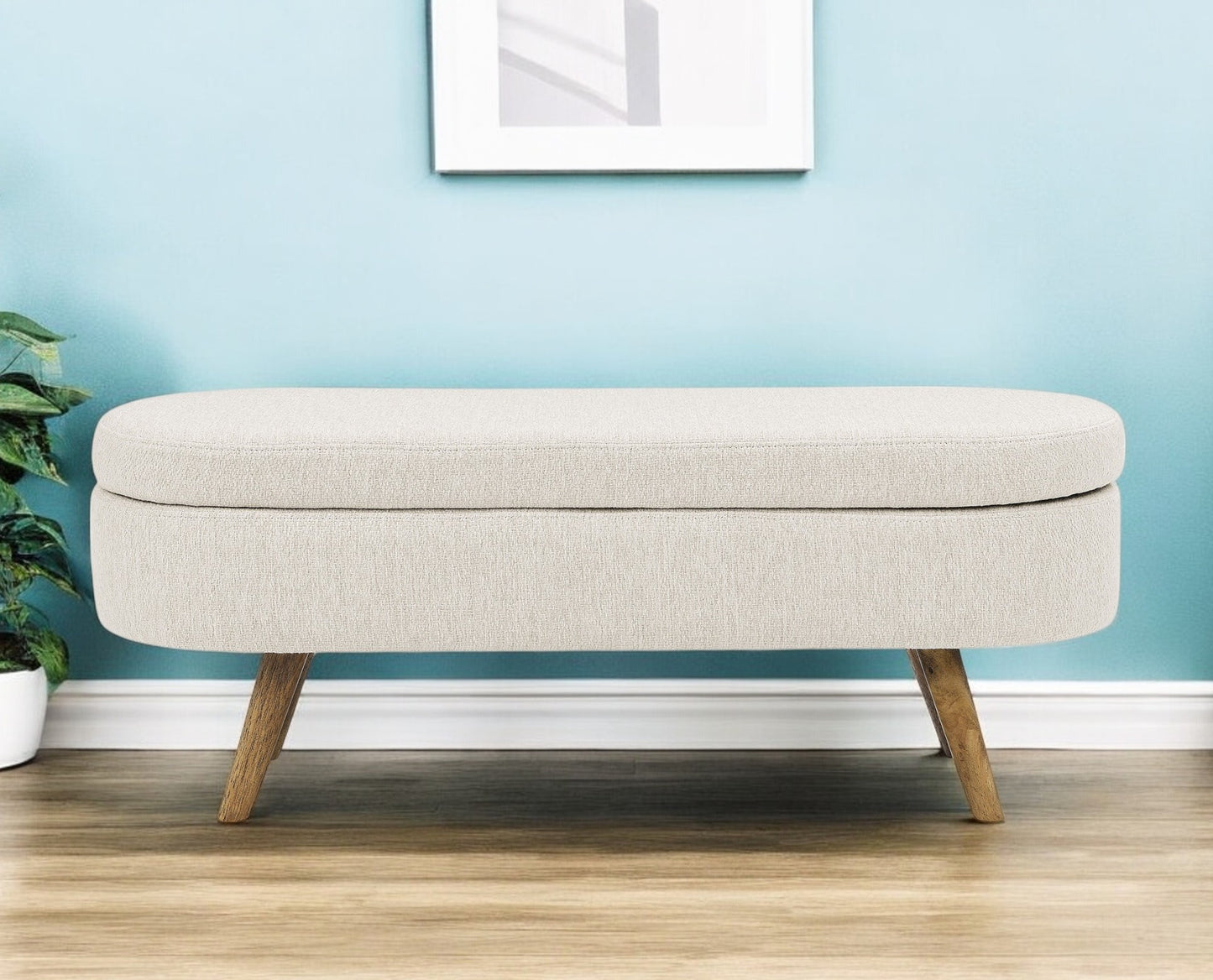 44" Beige and Brown Linen Upholstered Storage Bench with Flip Top