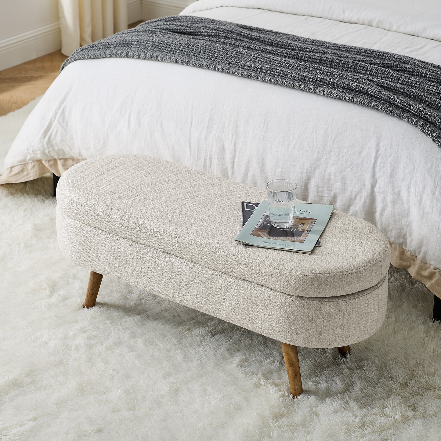 44" Beige and Brown Linen Upholstered Storage Bench with Flip Top