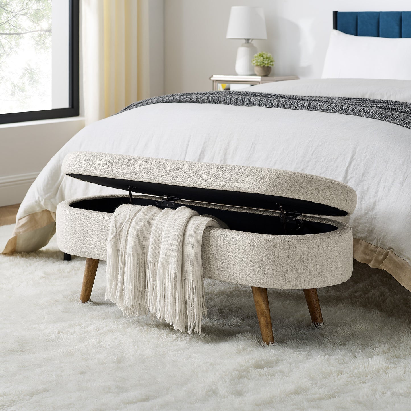 44" Beige and Brown Linen Upholstered Storage Bench with Flip Top