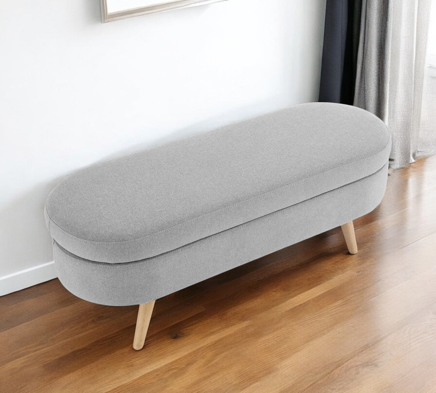 44" Gray and Brown Linen Upholstered Storage Bench with Flip Top