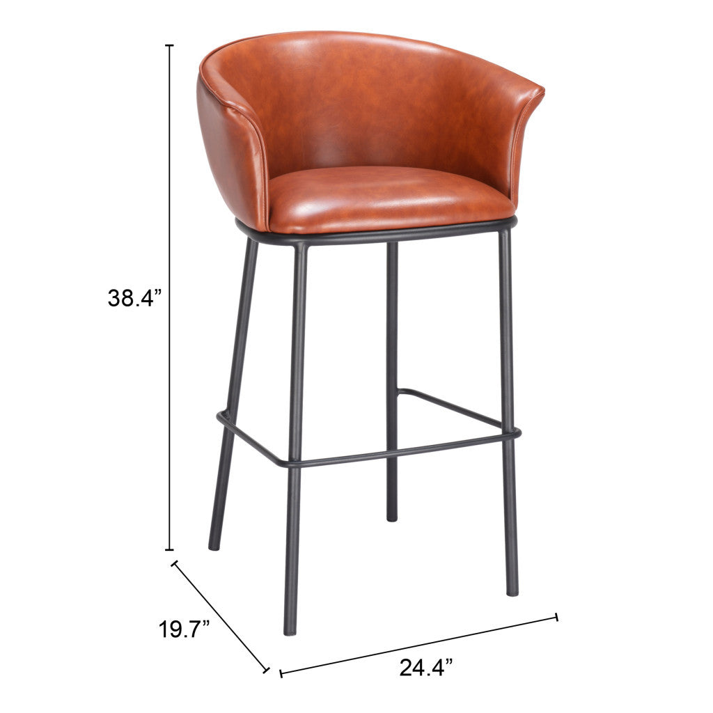30" Brown And Black Faux Leather And Steel Bar Height Bar Chair