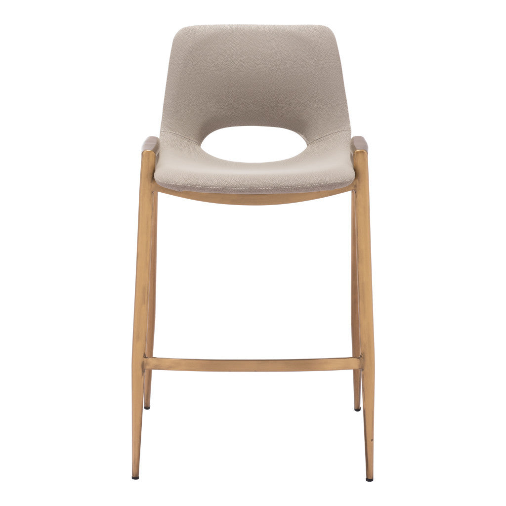 Set of Two 26" Beige And Gold Faux Leather And Steel Low Back Counter Height Bar Chairs
