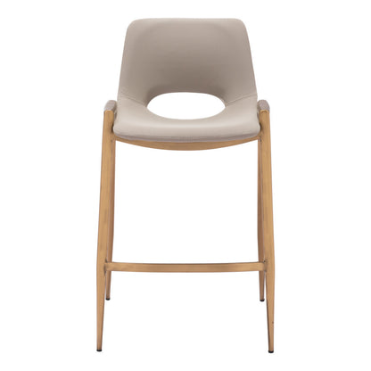 Set of Two 26" Beige And Gold Faux Leather And Steel Low Back Counter Height Bar Chairs