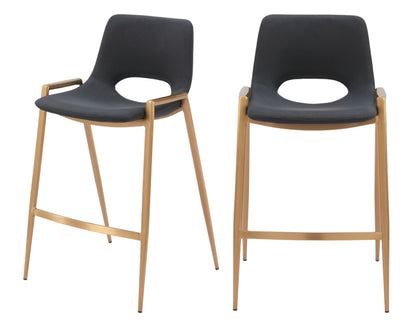 Set of Two 26" Black And Gold Faux Leather And Steel Low Back Counter Height Bar Chairs