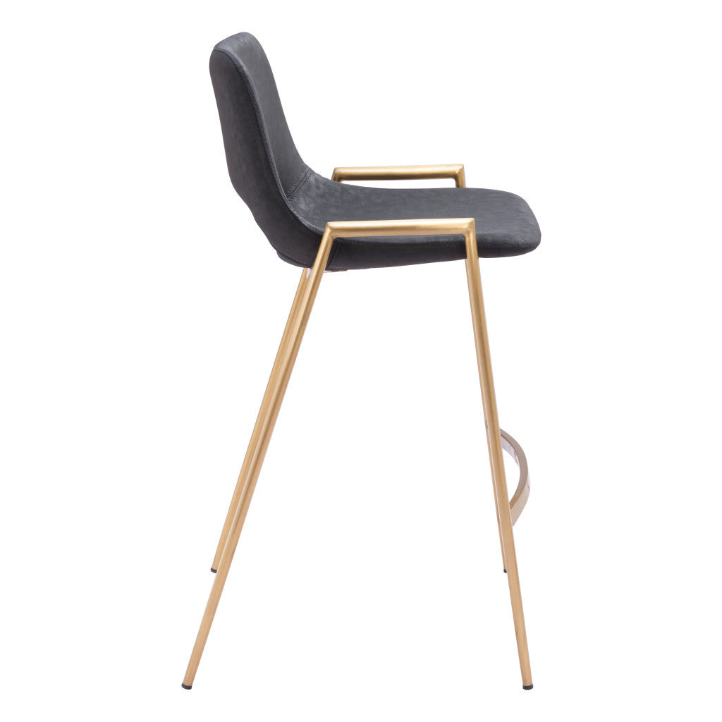 Set of Two 26" Black And Gold Faux Leather And Steel Low Back Counter Height Bar Chairs