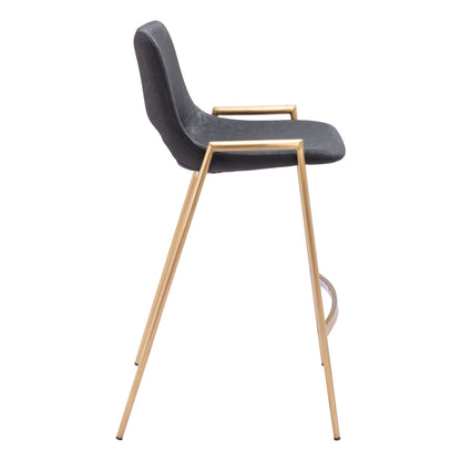 Set of Two 26" Black And Gold Faux Leather And Steel Low Back Counter Height Bar Chairs
