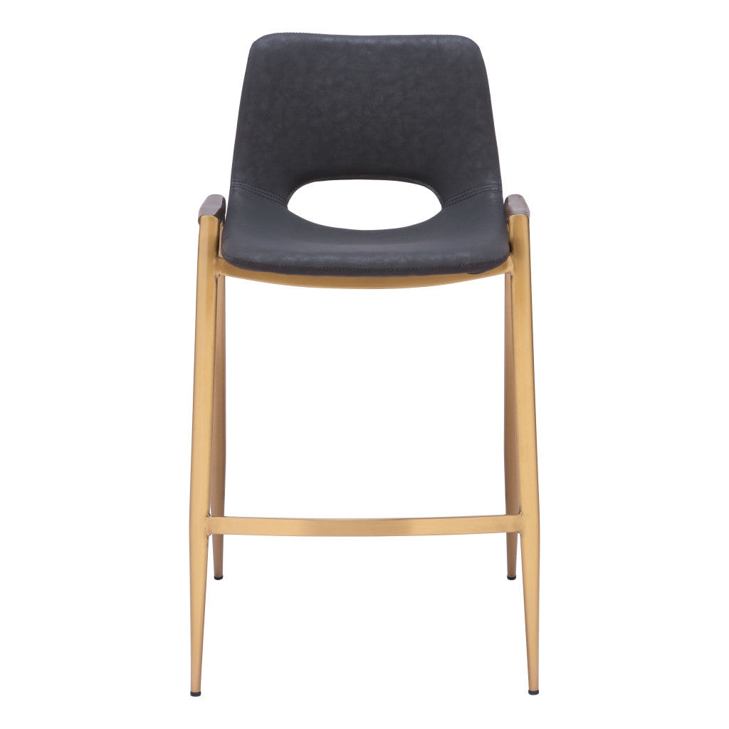 Set of Two 26" Black And Gold Faux Leather And Steel Low Back Counter Height Bar Chairs