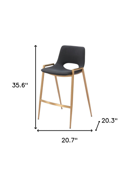 Set of Two 26" Black And Gold Faux Leather And Steel Low Back Counter Height Bar Chairs