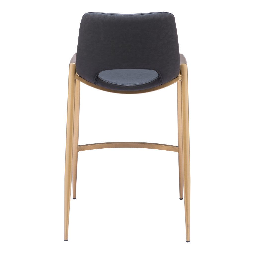 Set of Two 26" Black And Gold Faux Leather And Steel Low Back Counter Height Bar Chairs