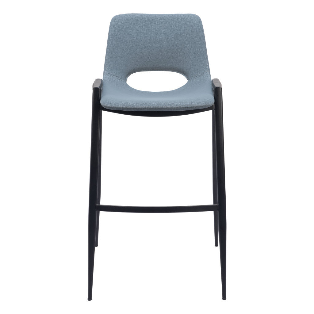 Set of Two 30" Blue And Black Faux Leather And Steel Low Back Bar Height Bar Chairs
