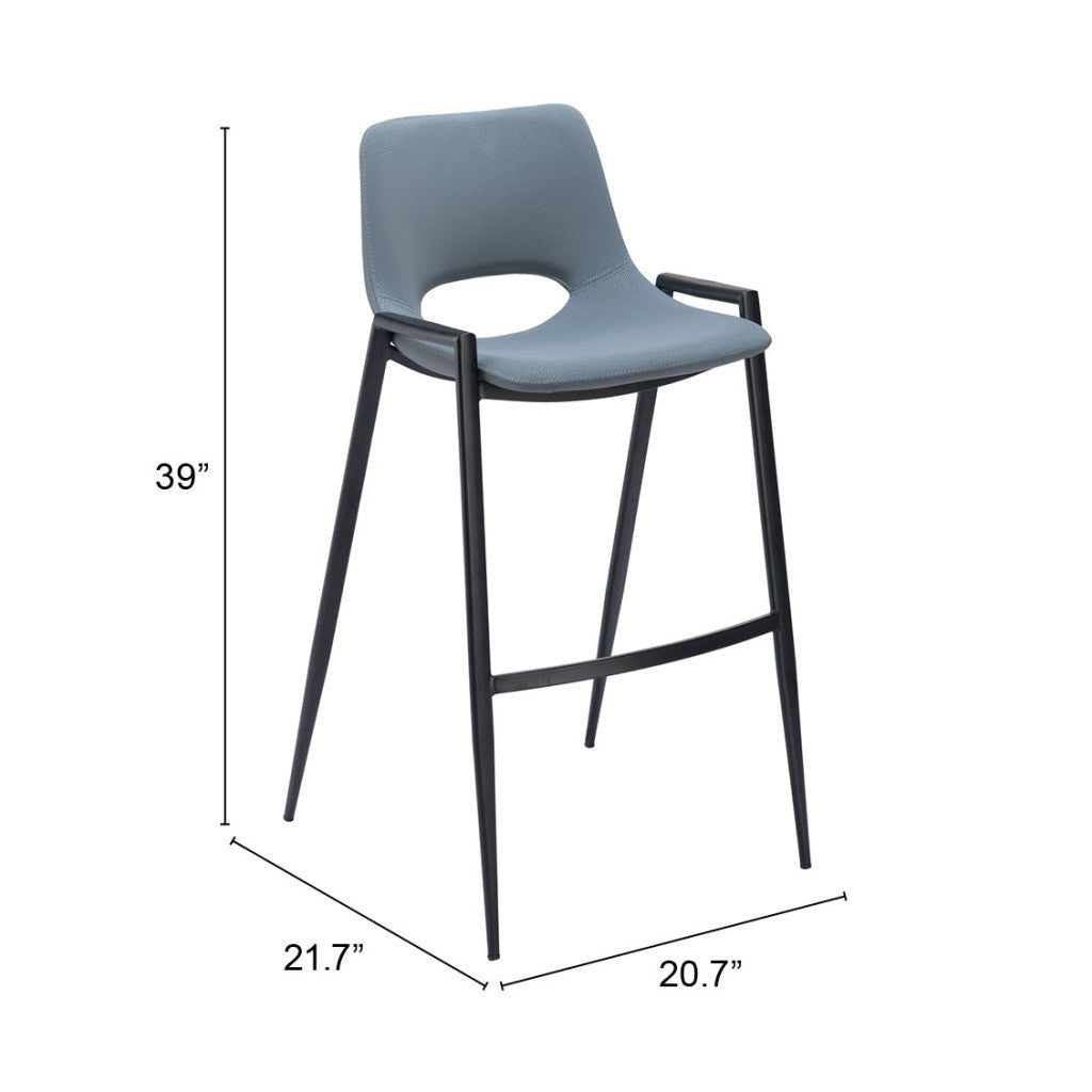 Set of Two 30" Blue And Black Faux Leather And Steel Low Back Bar Height Bar Chairs