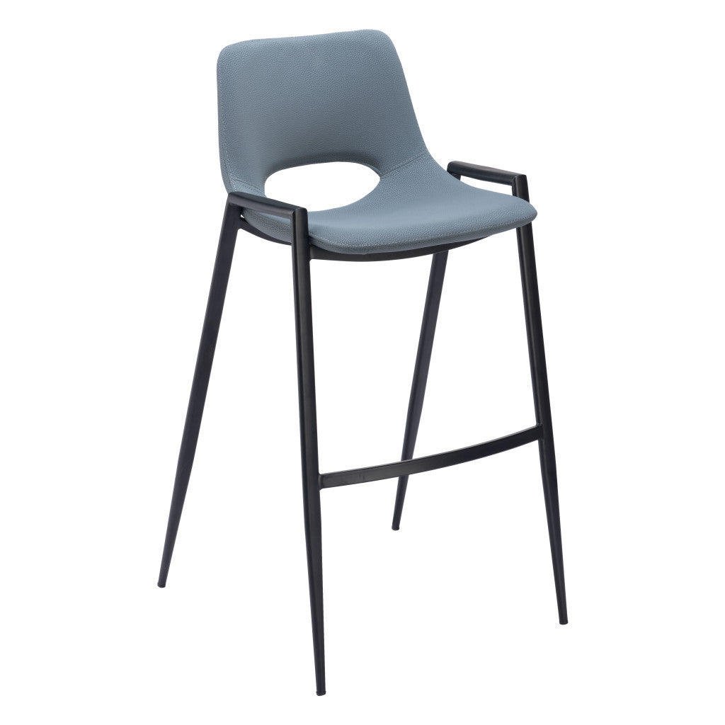 Set of Two 30" Blue And Black Faux Leather And Steel Low Back Bar Height Bar Chairs