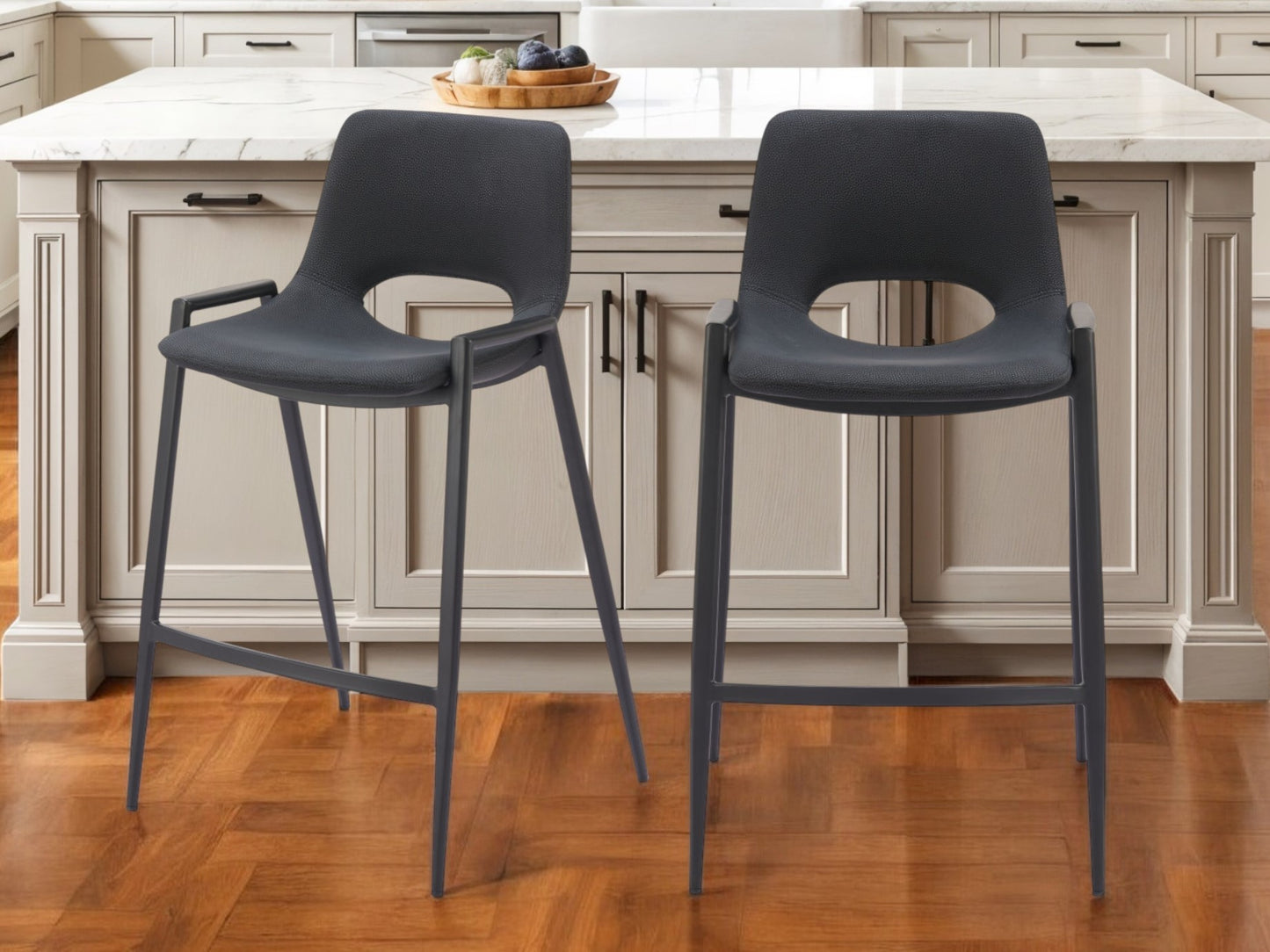 Set of Two 26" Black Faux Leather And Steel Low Back Counter Height Bar Chairs