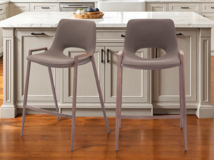 Set of Two 26" Brown Faux Leather And Steel Low Back Counter Height Bar Chairs