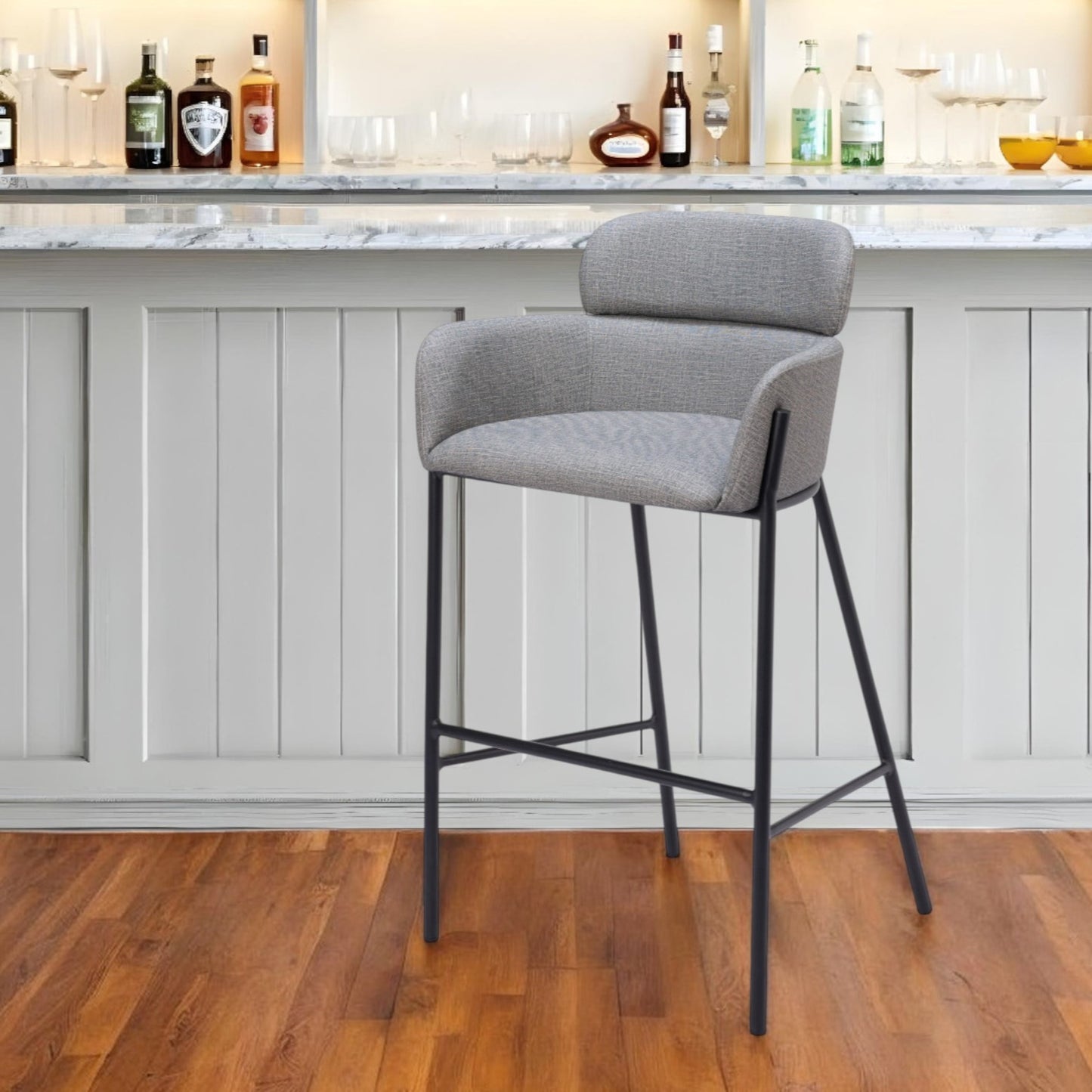 30" Slate Gray And Black Fabric And Steel Bar Height Bar Chair
