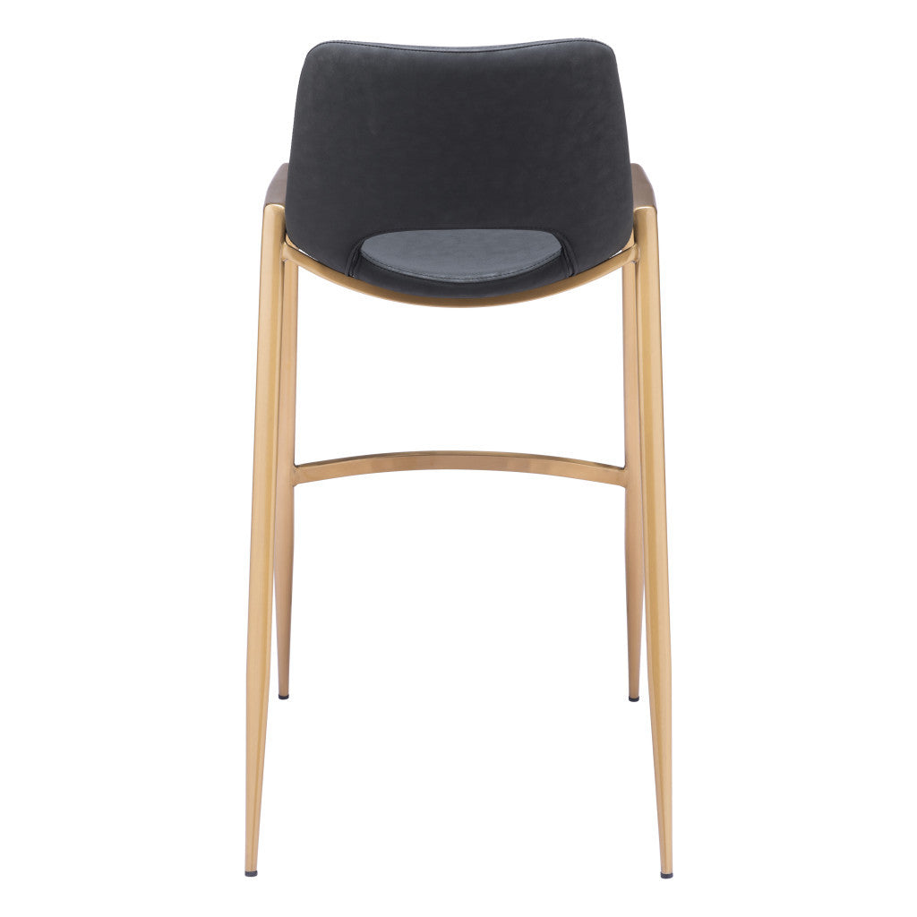Set of Two 30" Black and Gold Faux Leather and Steel Low Back Bar Height Bar Chairs