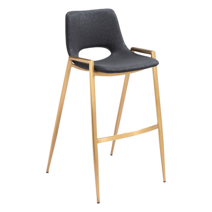 Set of Two 30" Black and Gold Faux Leather and Steel Low Back Bar Height Bar Chairs