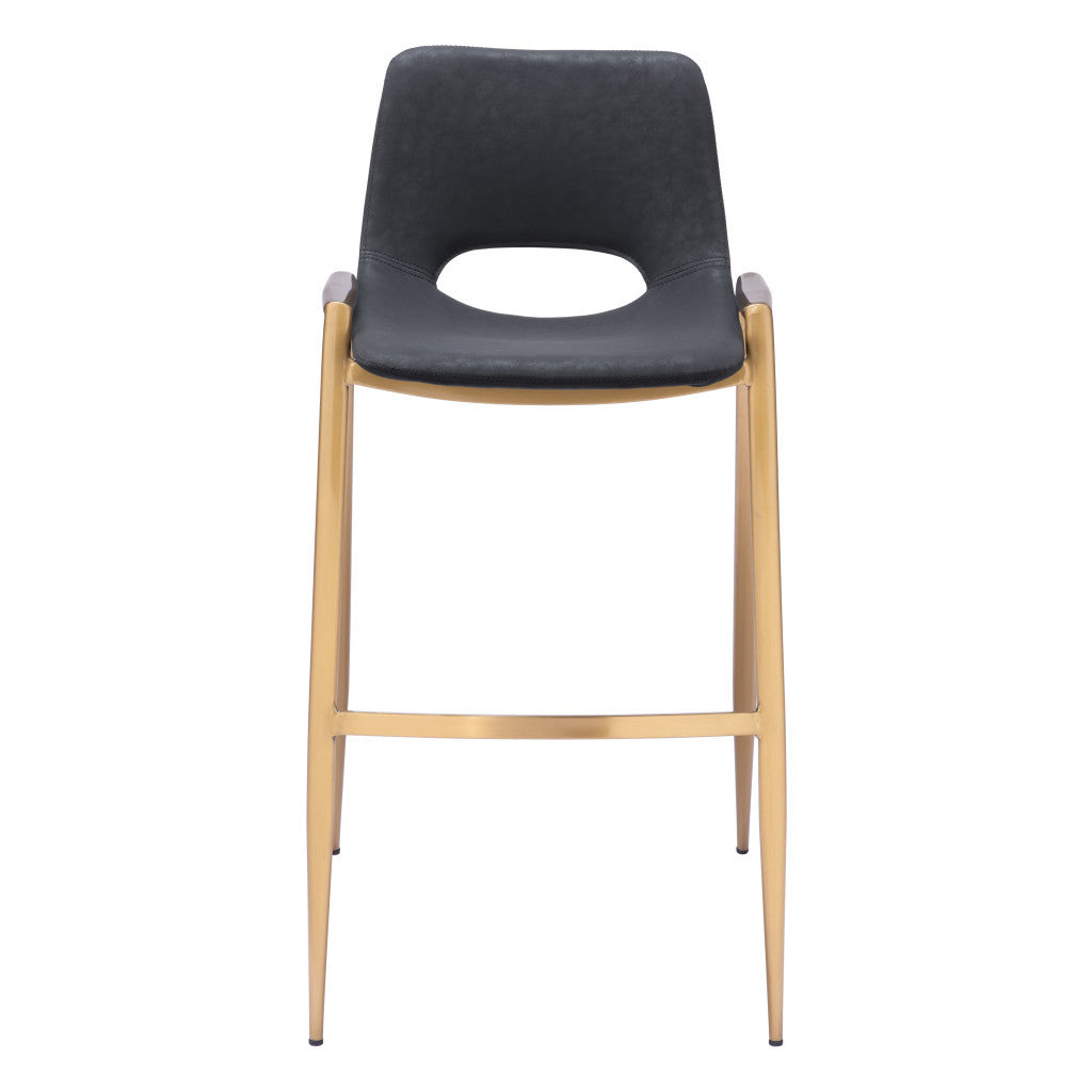 Set of Two 30" Black and Gold Faux Leather and Steel Low Back Bar Height Bar Chairs