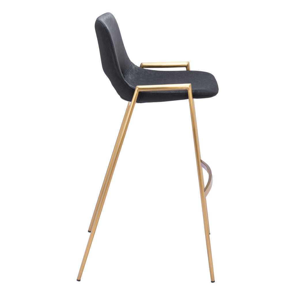 Set of Two 30" Black and Gold Faux Leather and Steel Low Back Bar Height Bar Chairs