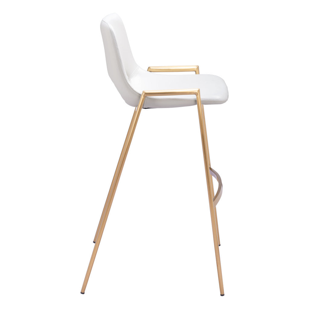 Set of Two 30" White And Gold Faux Leather And Steel Low Back Bar Height Bar Chairs