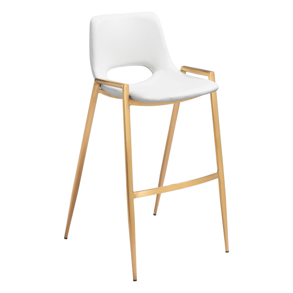 Set of Two 30" White And Gold Faux Leather And Steel Low Back Bar Height Bar Chairs