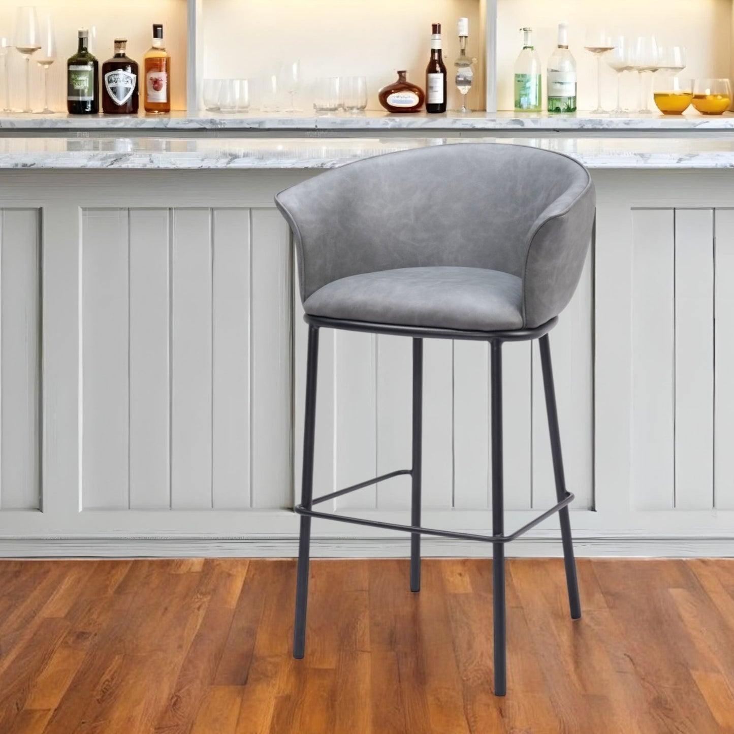 30" Gray And Black Faux Leather And Steel Bar Height Bar Chair