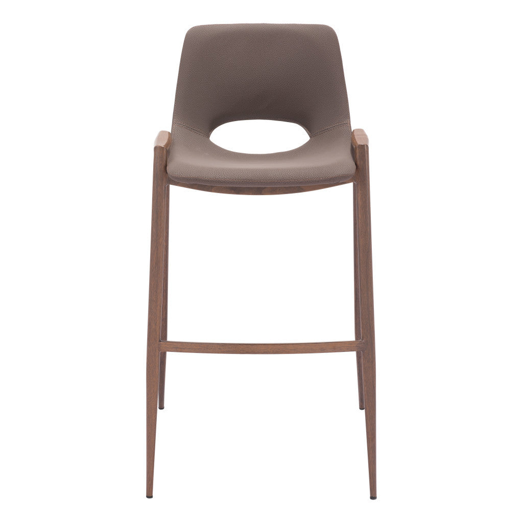 Set of Two 30" Brown Faux Leather And Steel Low Back Bar Height Bar Chairs