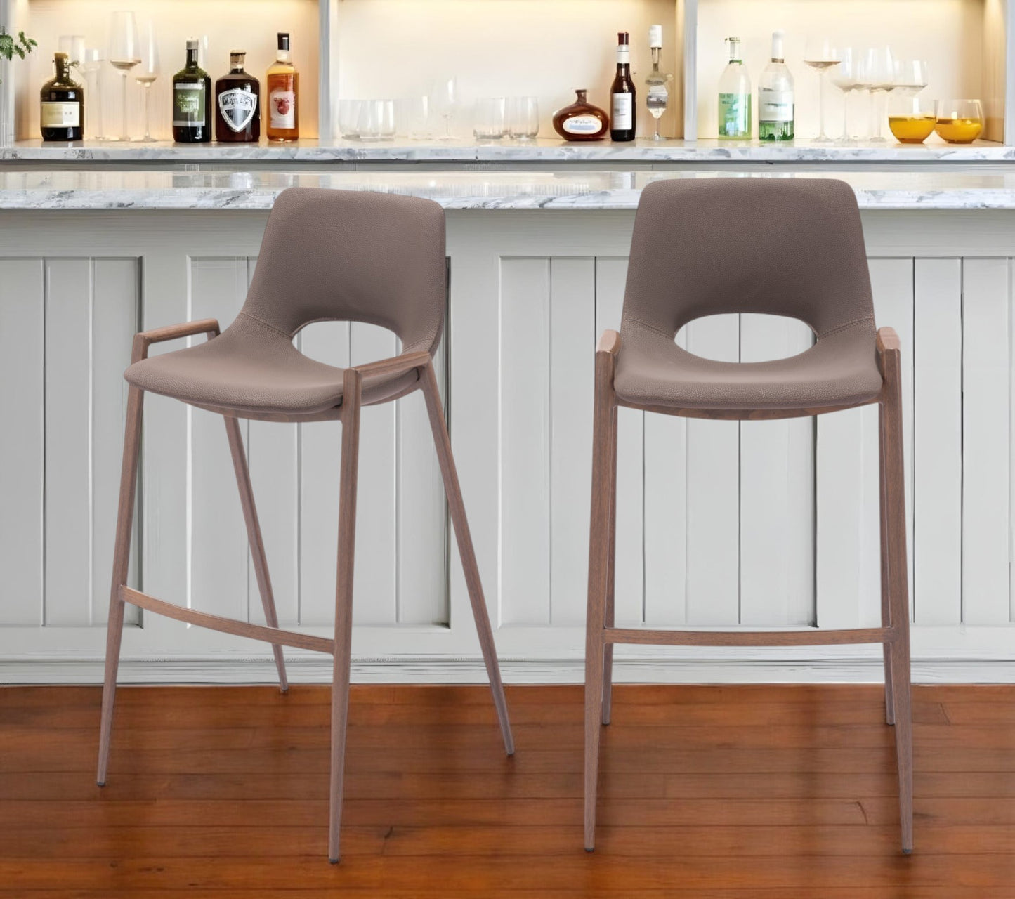Set of Two 30" Brown Faux Leather And Steel Low Back Bar Height Bar Chairs