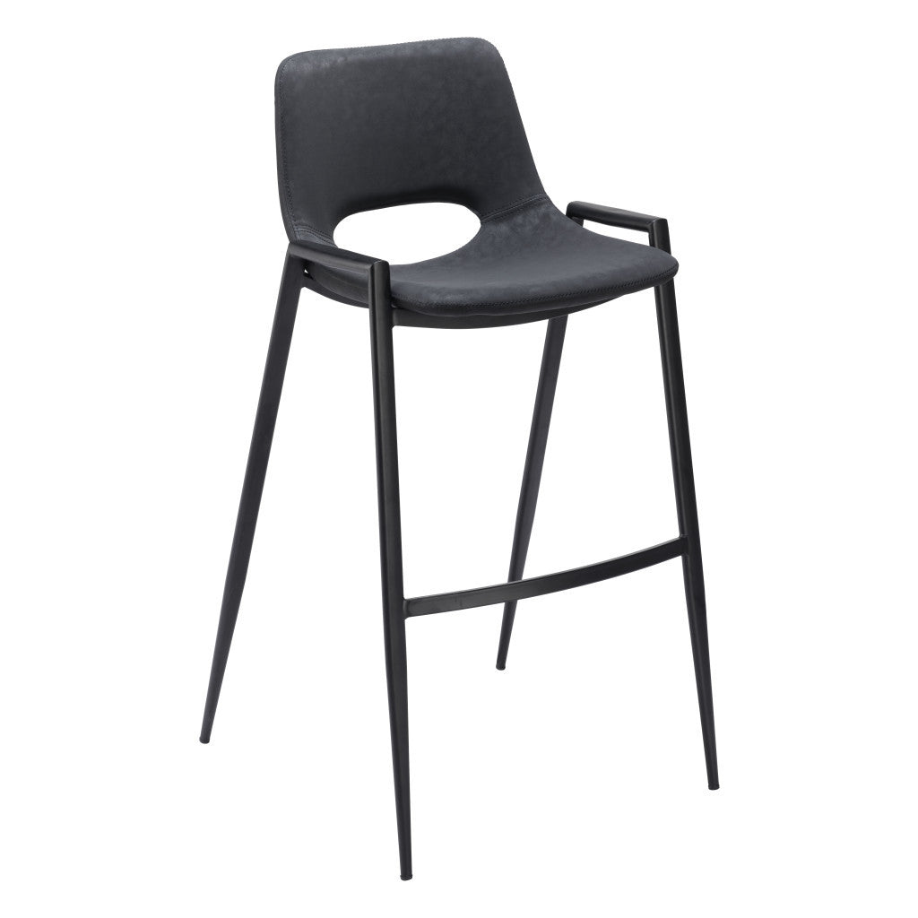Set of Two 30" Black Faux Leather And Steel Low Back Bar Height Bar Chairs